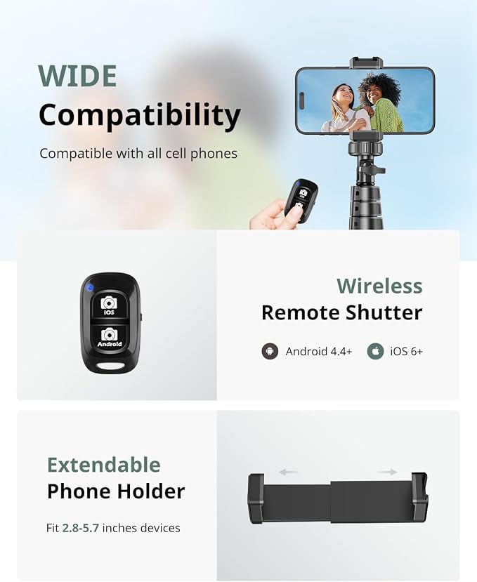 SENSYNE 62" Phone Tripod for iPhone, Extendable Selfie Stick Tripod Stand - Image 6