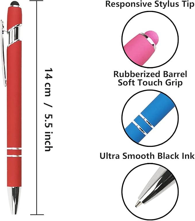 Ballpoint Pen with Stylus Tip, Soft Touch Click Metal Pen, 1.0mm Medium Point, Black Ink, 12 Count(Red)-DeskLoop Office