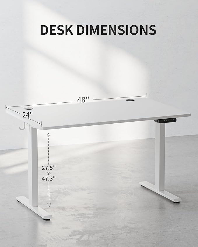 FEZIBO One-Piece Standing Desk Adjustable Height Stand up Home Office Desk, 48x24 Inch Electric Standing Computer Desk, with 4 Memory Presets, Fixable casters, White-DeskLoop Office
