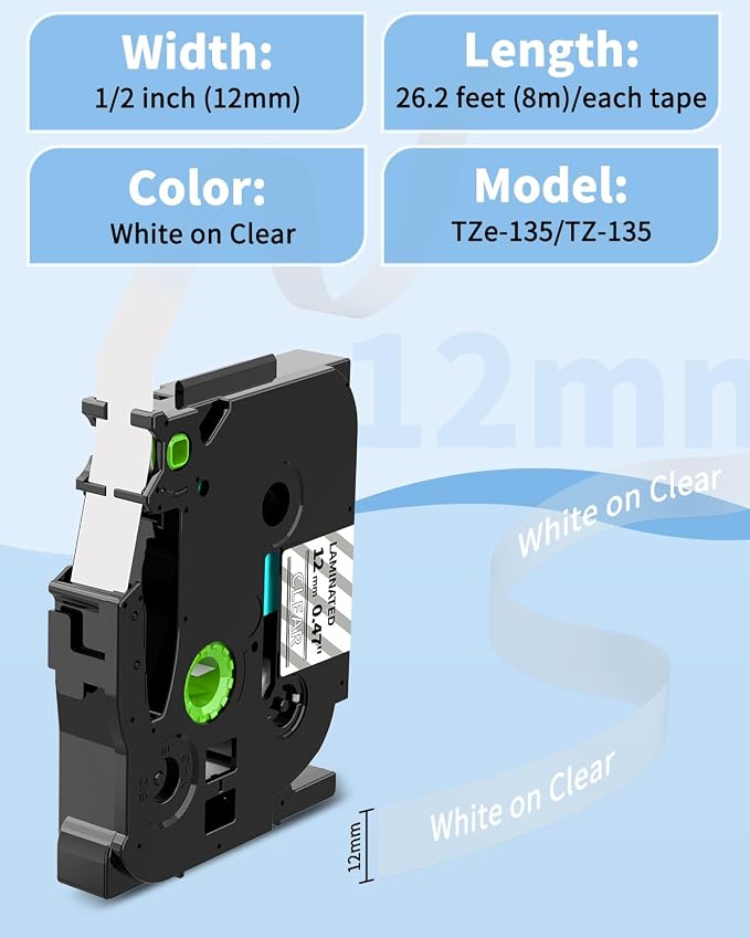 TZe-135 TZe135 TZe TZ Tape White on Clear Replacement - Image 8