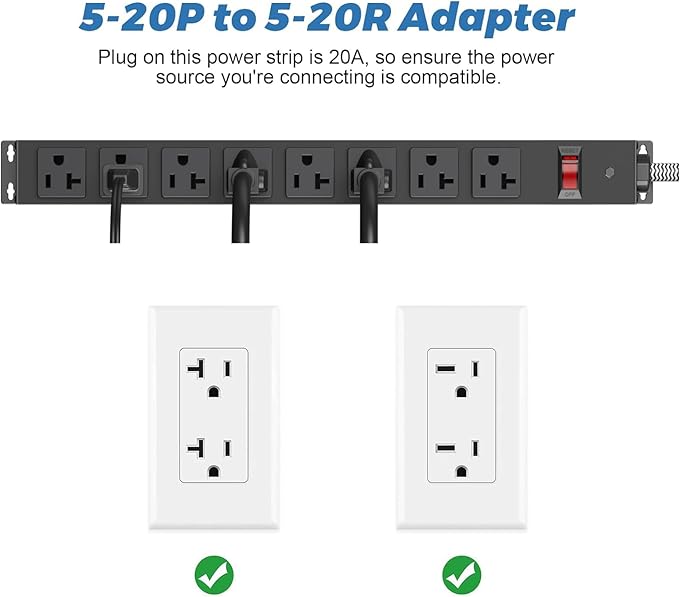 20 Amp Power Strip Heavy Duty, 12 Gauge Extension Cord for Appliance Workbench Garage Industrial, Metal 8 Outlets Combine with T-Plug Adapter 5-20R T-Slot, 1200J Surge Protector-DeskLoop Office