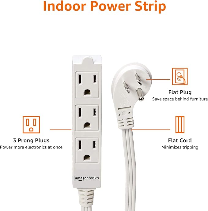 Amazon Basics Rectangular Indoor Extension Cord Power Strip, 3-Prong, Flat Plug, Grounded - 13 Amps, 1625 Watts, 125 VAC - 2-Pack, 6 ft, White-DeskLoop Office