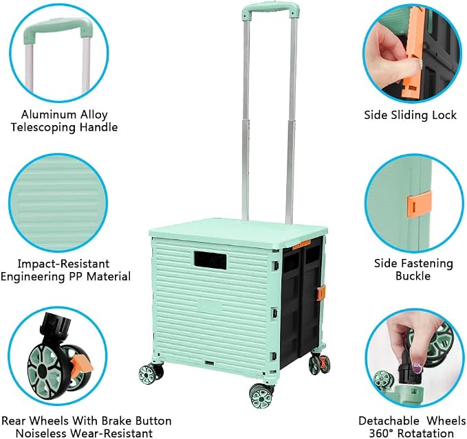 FELICON SELORSS Foldable Utility Cart Folding Portable Rolling Crate-Green | - Image 2