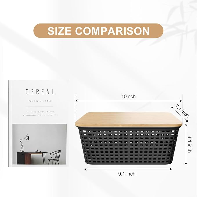 6Pcs Storage Bins with Lids, Stackable Plastic Storage Basket with Bamboo Lid - Image 2