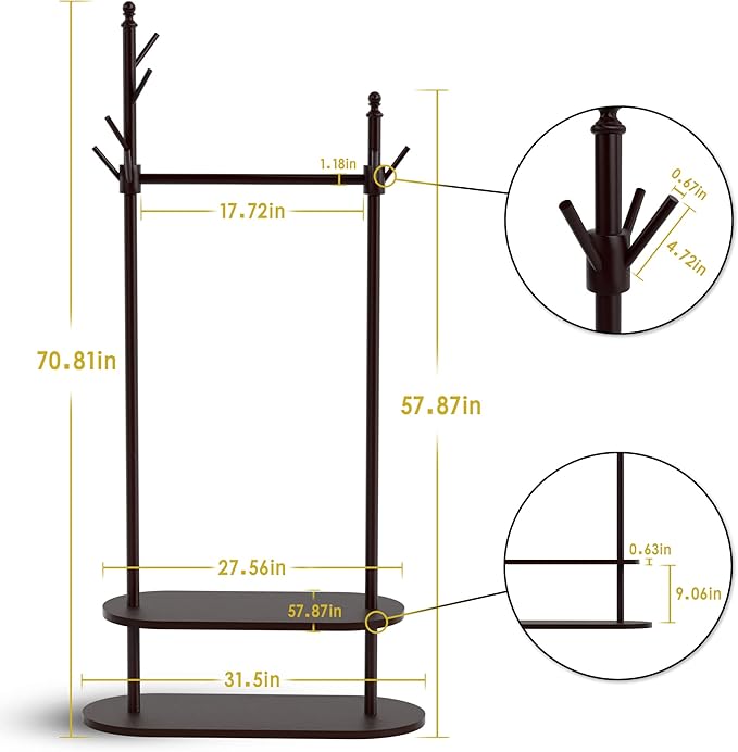 2-Tier Coat Rack Freestanding, Easy Assemble 8 Hooks Wooden Coat Rack with Shoe Storage Sturdy Coat Tree Save Space, Rustic Coat Stand for Entryway, Bedroom, Office (Dark Brown)-DeskLoop Office