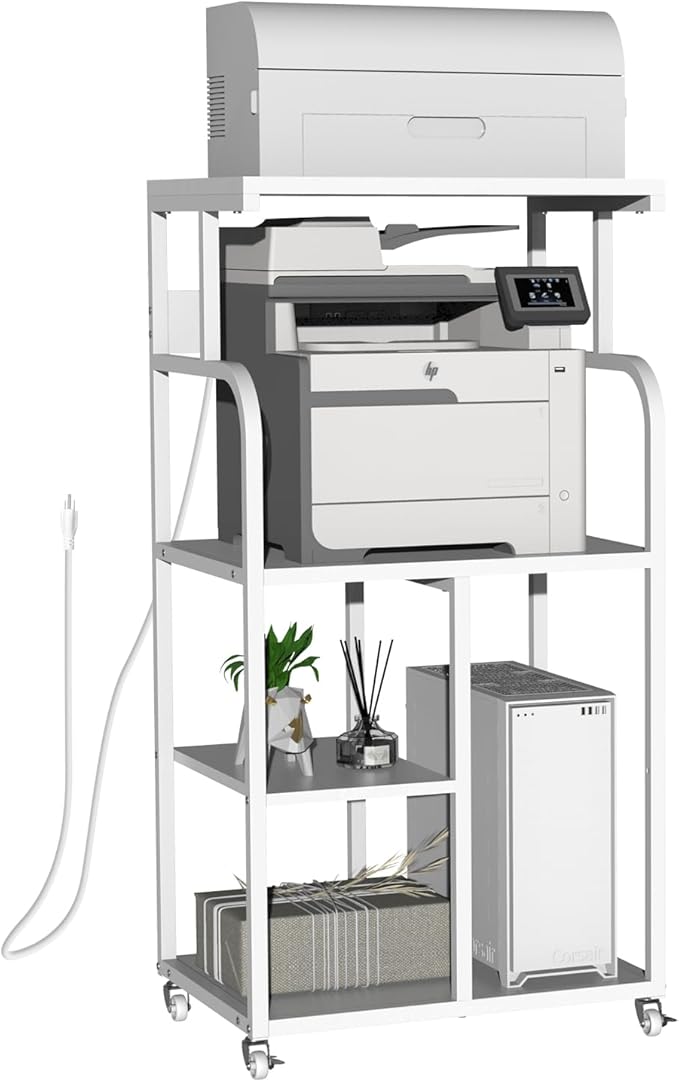 VEDECASA Mobile High Printer Stand with Power Outlet Charging Plugs USB Port Office Storage Shelf Includes Computer Tower CPU Stand Holder with Wheel (White)-DeskLoop Office