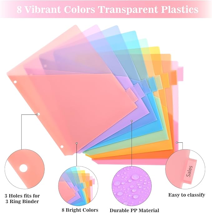 SUQJOY Binder Dividers with Pockets, Durable Plastic Subject Dividers with - Image 2