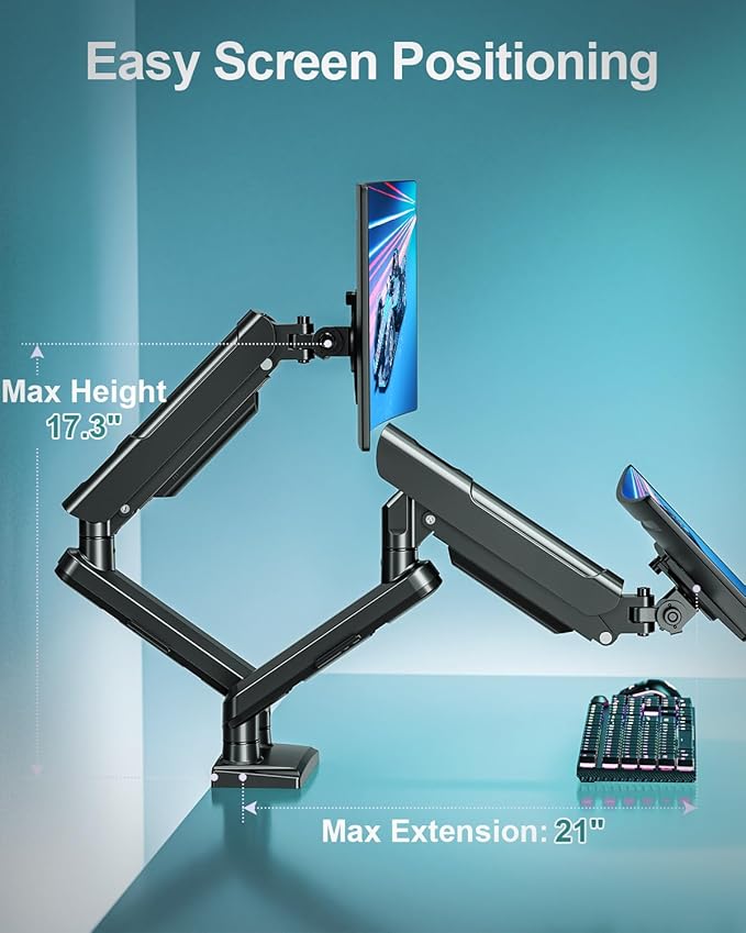 Dual Monitor Mount for 2 Monitors up to 32 inches, Height Adjustable Gas Spring Double Computer Stand, Two Display Desk Mount Holder, Each Monitor Arm Holds Max 22lbs, VESA Mount, Black, Freelift Pro-DeskLoop Office