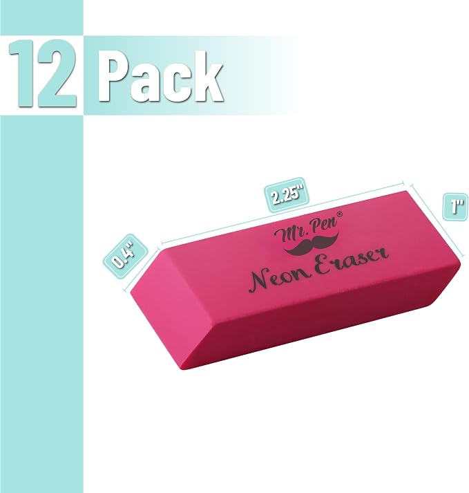Mr. Pen- Pencil Eraser, 12 Pack, Neon Colors | Large Latex Free Block Erasers - Image 2