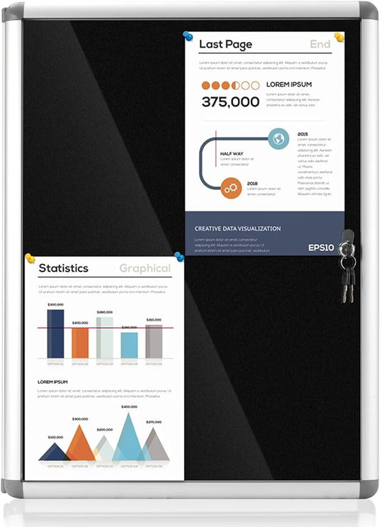 Enclosed Bulletin Board Lockable Display Case Message Board with Locking Door for Indoor, Black Felt, Silver Aluminum Frame, 26x20inch(4XA4)-DeskLoop Office
