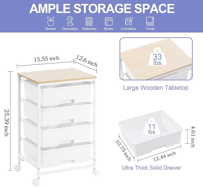 SYKIARIOL Utility Cart with 4 Drawers, 4-Tier Rolling Storage Cart Organizer - Image 3