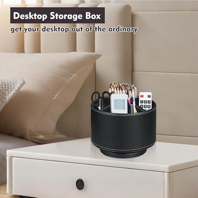 Fanousy 360° Rotating Pen Holder for Desk, Leather Pencil Pen Organizer Remote Control Holder Table Desktop Nightstand Organizer Caddy Storage, Office Desk Organizers And Accessories 5.5x5.5x4.0 Inch-DeskLoop Office
