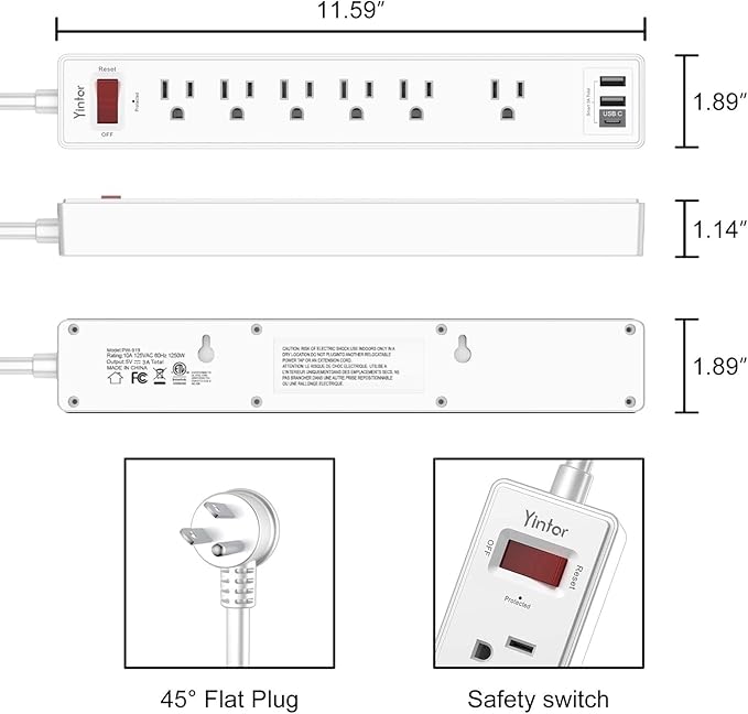 20Ft Power Strip Surge Protector - Yintar Extension Cord with 6 AC Outlets and 3 USB Ports for Home, Office, Dorm Essentials, 1680 Joules, ETL Listed, White-DeskLoop Office