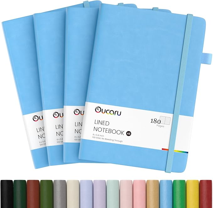 Oucaru Lined Journal Notebook, 4 Pack, 180 Pages, A5 Journals by Oucaru