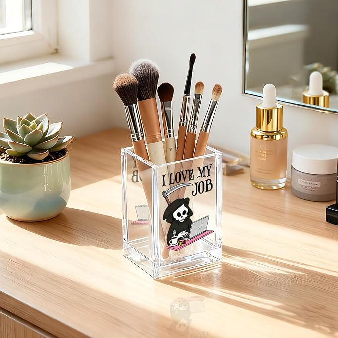 QYUVK I Love My Job Acrylic Makeup Brush Pencil Holder Cup, Funny Grim Reaper - Image 5