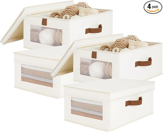 Fabric Storage Bins with Lids, Collapsible Closet Organizer with Sturdy Handles, Clear View Window, Stackable Storage Baskets for Clothes, Towels, Books, Hand Pull Closet Organizer Boxes-4-Pack, Beige-DeskLoop Office