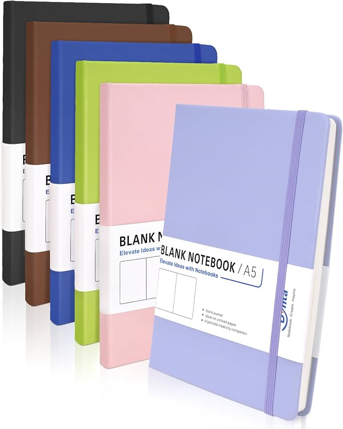 Dynta Blank Journal Notebooks for Women Men, 6 Packs A5 Hardcover Sketchbook by Dynta