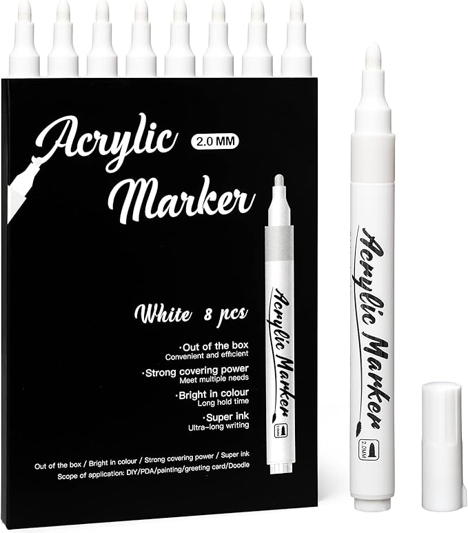 White Markers Pen, 8 Pack Paint Pens, Fine Tip Acrylic White Permanent Markers for Sketching, Drawing, Wood, Rock, Tyres, Plastic, Leather, Glass, DIY Painting-DeskLoop Office