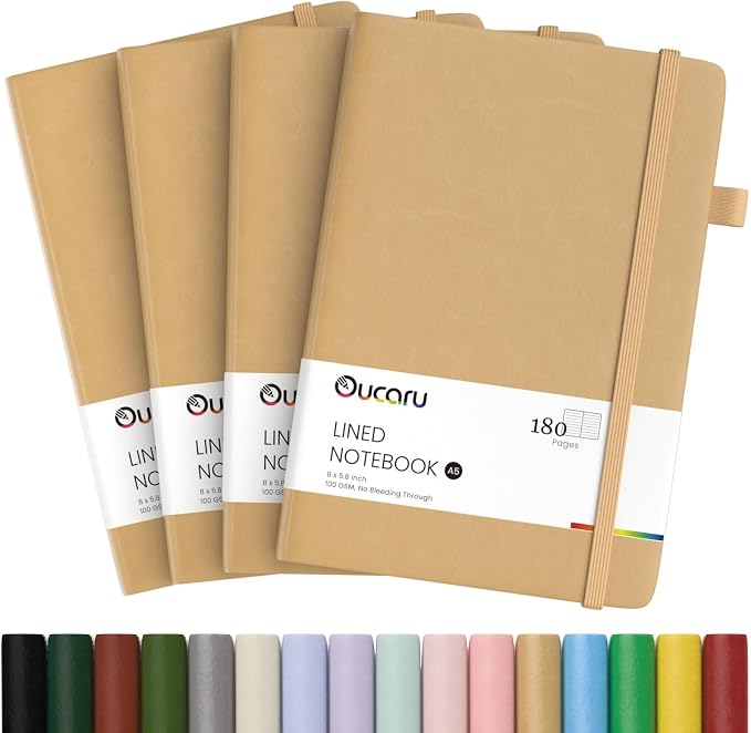 Oucaru Lined Journal Notebook, 4 Pack, 180 Pages, A5 Journals by Oucaru