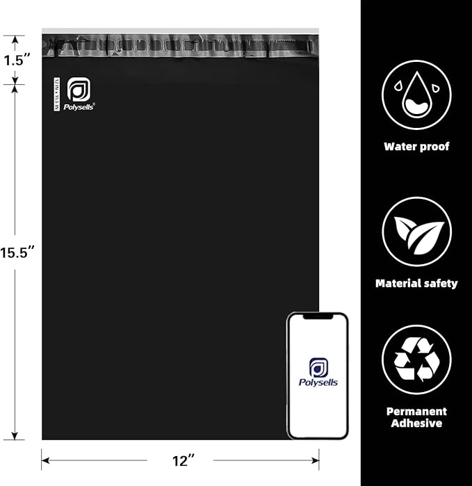 POLYSELLS 3000 pcs 12x15.5 Inches Black Poly Mailers Shipping Envelopes - Image 2