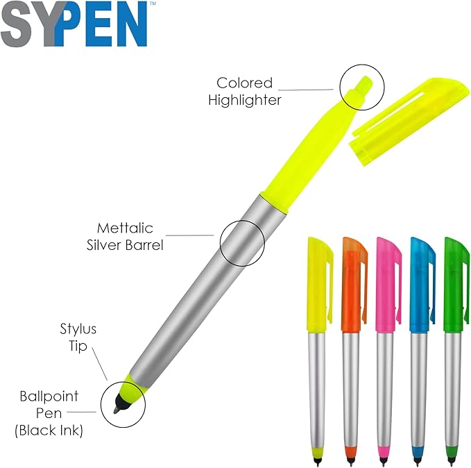 Personalized Pens with Highlighter and Stylus -250 Pack Bulk-Free Imprint - 3 In Highlighter, Ballpoint Pen, and Stylus Combo- add Custom Business Name, Logo or Gift Message- Yellow-DeskLoop Office