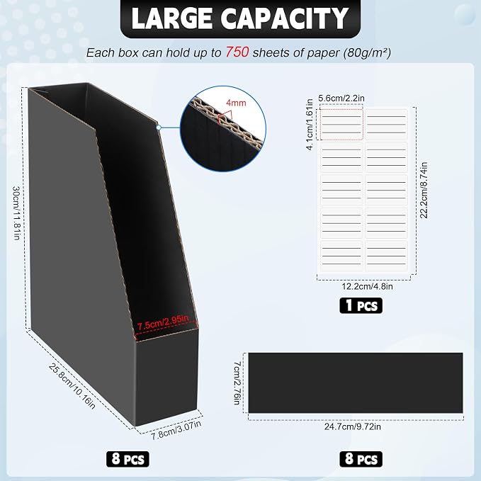 YOTINO Black Magazine Holder, 8 Pack Cardboard Magazine File Holders, Vertical - Image 2