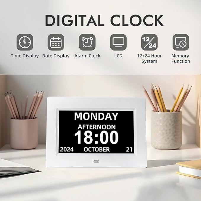Digital Calendar Alarm Clock for Seniors - 7" Large Display with Day/Date, 12 Custom Alarms & Auto-Dimming | Medication Reminder, Dementia-Friendly Design, Easy Read (White)-DeskLoop Office