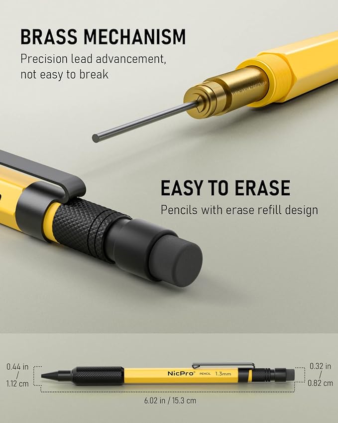 Nicpro 3 PCS 1.3 mm Mechanical Pencil Set with 72 Lead Refills, 3 Eraser - Weatherproof Metal Barrel, Heavy Duty Carpenter Pencil MP2000 for Outdoor Marking Drafting Drawing Woodworking - with Case