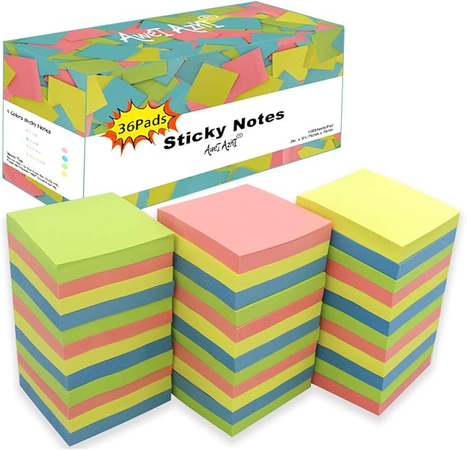 Sticky Notes 3x3, Self-Stick Notes, 36 Pads, 100 Sheets/Pad, Assorted Colors Stickies, Easy to Post Notes for Study, Works, Daily Life (36)-DeskLoop Office
