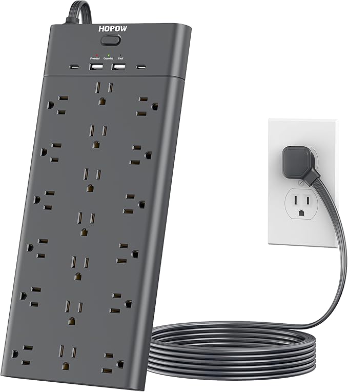 Flat Plug Power Strip, Surge Protector with 19 Outlets and 4 USB Ports, HOPOW 6 Ft Heavy Duty Extension Cord, 1875W, 2100J Surge Protection, Wall Mount for Home, Office, Gaming Room, Dorm, Black-DeskLoop Office