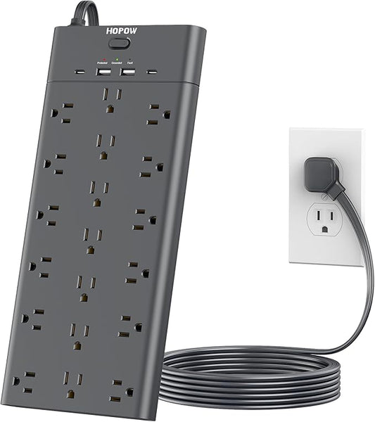Flat Plug Power Strip, Surge Protector with 19 Outlets and 4 USB Ports, HOPOW 6 Ft Heavy Duty Extension Cord, 1875W, 2100J Surge Protection, Wall Mount for Home, Office, Gaming Room, Dorm, Black-DeskLoop Office