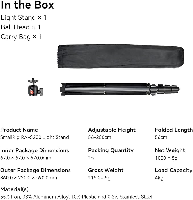 SMALLRIG RA-S200 Light Stand for Photography, 78.7" / 6.6ft / 200cm, Aluminum - Image 9
