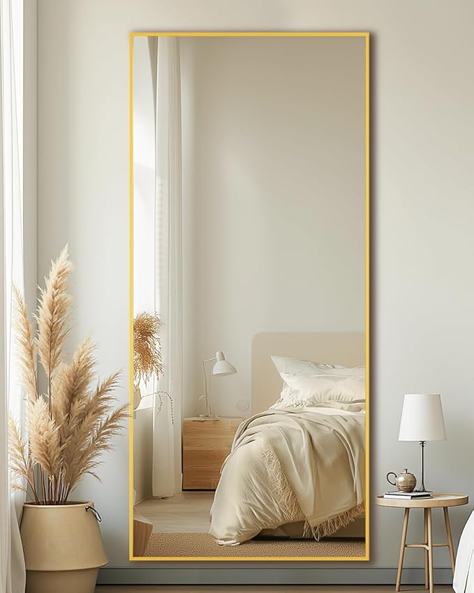 Full-Length Floor Mirror with Stand, 58"x21" Rectangle Style Full Body Standing Mirror for Bedroom, Living Room, Gym, Dorm - Shatter-Resistant & Easy Assembly, Gold-DeskLoop Office