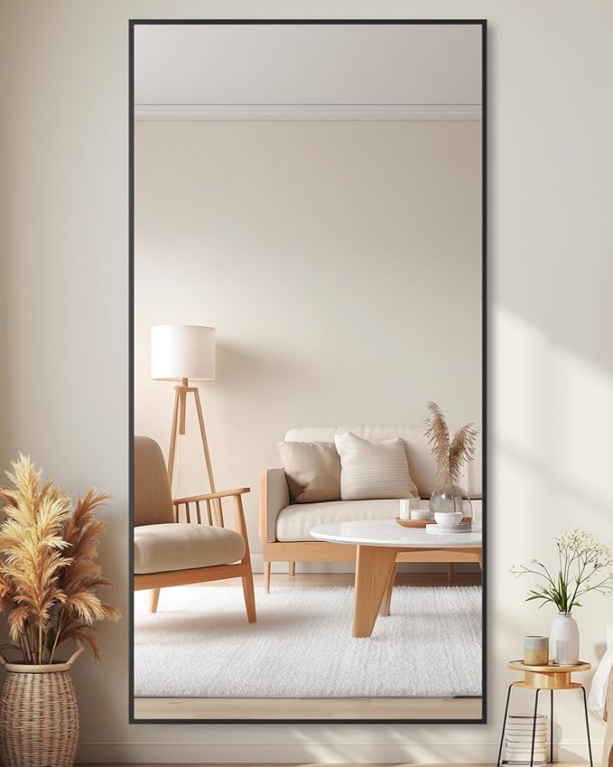 Full-Length Floor Mirror with Stand, 71"x32" Rectangle Style Full Body Standing Mirror for Bedroom, Living Room, Gym, Dorm - Shatter-Resistant & Easy Assembly, Black-DeskLoop Office