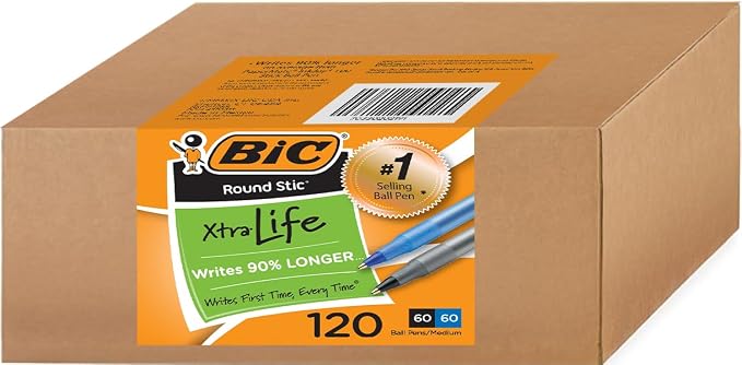 BIC Round Stic Xtra Life Pens, Medium Point 1.0 mm, 60 Black & 60 Blue Pens by BIC