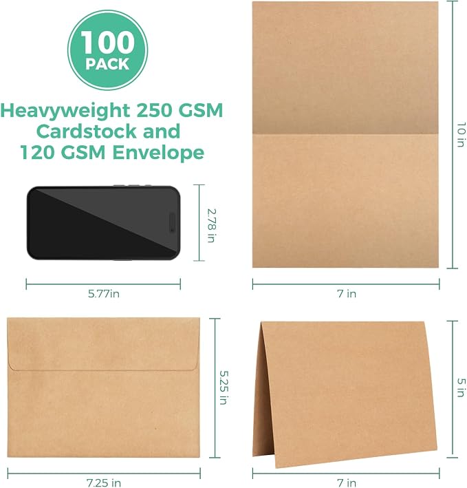 Ohuhu Blank Brown Kraft Cards and Envelopes 100 Pack - Image 2