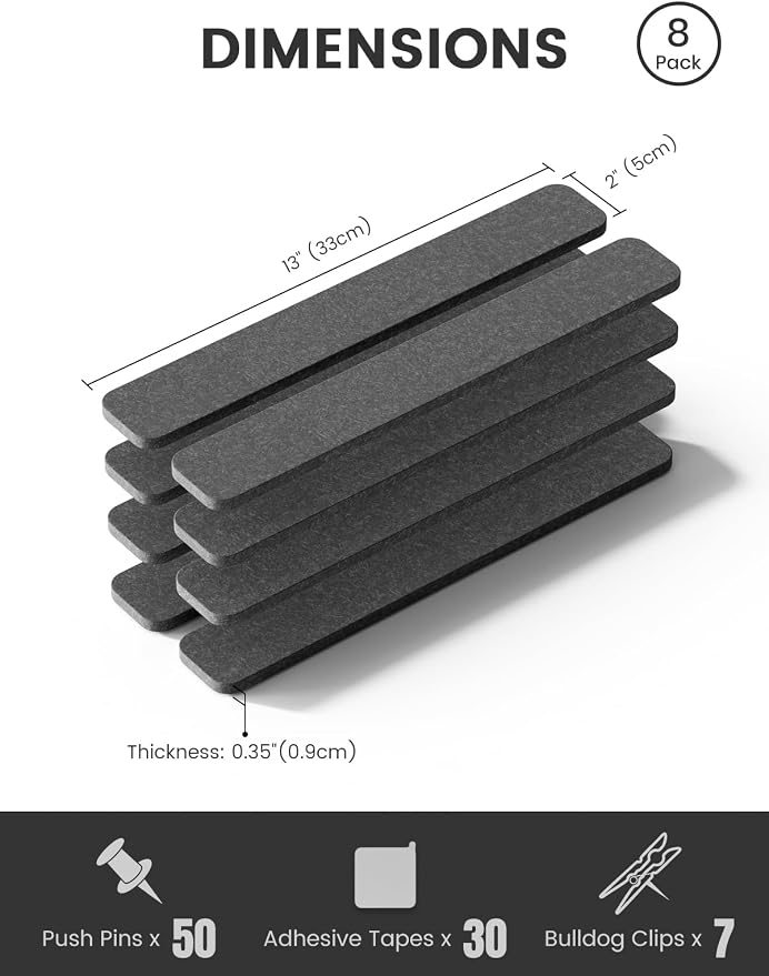 Fluxynara Cork Board Alternative Felt Strip Board 8-Pack 13"x2", Office Pin - Image 2