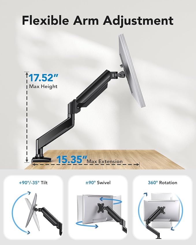 HUANUO Single Monitor Arm 13-34 Inch, Adjustable Gas Spring Arm, Monitor Desk Mount for 4.4-22lbs, VESA 75/100mm with C-Clamp/Grommet Base, Ergonomic Stand for Work/Gaming-DeskLoop Office