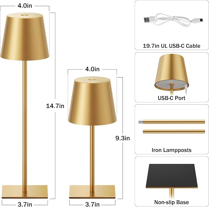 Kakanuo Gold Cordless Rechargeable Table Lamp, 4 Pack Portable Desk Lamp - Image 3