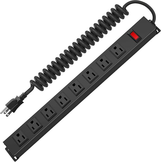 HHSOET 8 Outlet Metal Wall Mount Power Strip, Mountable Outlet with Switch, Heavy Duty Wide Spaced Surge Protector, 10 FT SJT 14AWG Black Spring Cord.-DeskLoop Office
