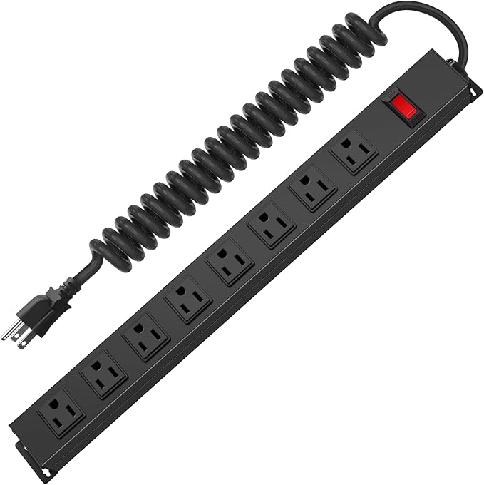 HHSOET 8 Outlet Metal Wall Mount Power Strip, Mountable Outlet with Switch, Heavy Duty Wide Spaced Surge Protector, 6 FT SJT 14AWG Black Spring Cord.-DeskLoop Office