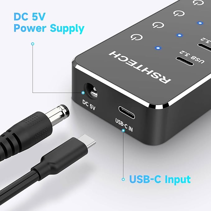 RSHTECH 7-Port Powered USB 3.2/USB-C Hub Splitter with 3 x 10Gbps USB-3.2 Ports (2C + 1A),4 USB-3.0 Ports (2C + 2A), 3.3ft Cable, Touch Switches, and 5V Power Adapter for Laptop PC-DeskLoop Office
