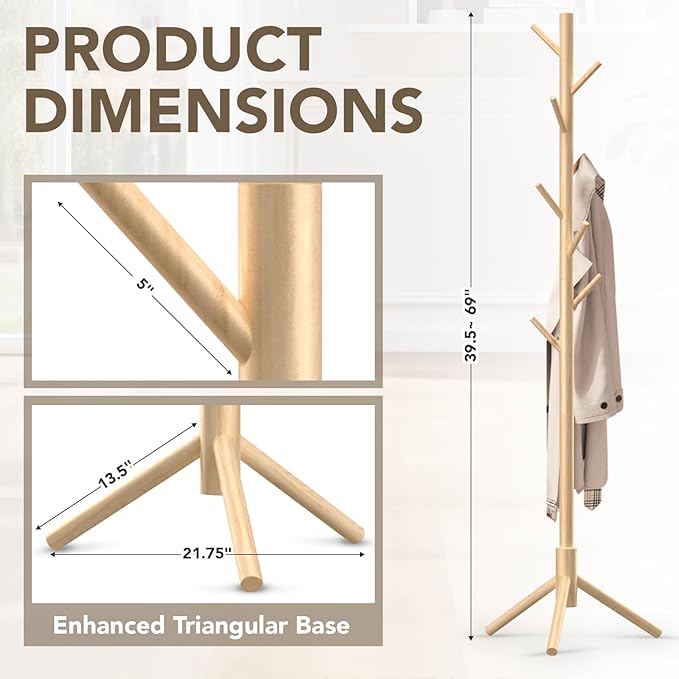 Wooden Tree Coat Rack Stand,Sturdy Freestanding Coat Rack with 8 Hooks,3 Adjustable Height for Child Adult,Wood Coat Stand Tree Fits Entryway Bedroom Office for Bags,Hats-DeskLoop Office