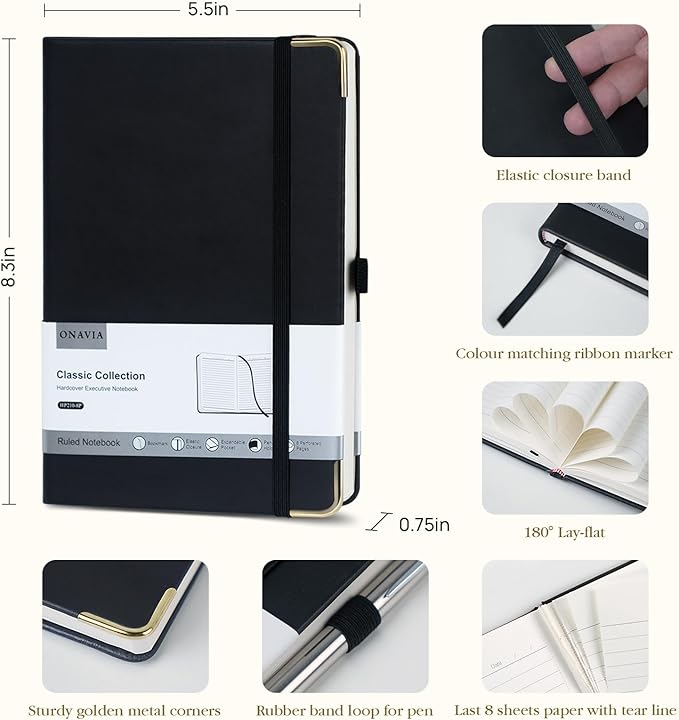 A5 Lined Journal Notebook - 100 GSM Thick Paper, Hardcover Journaling Notebook for Writing, Work, Travel, School, College Ruled Journal for Women and Men, PU Leather Note Book, 5.5”x8.3”- Black-DeskLoop Office