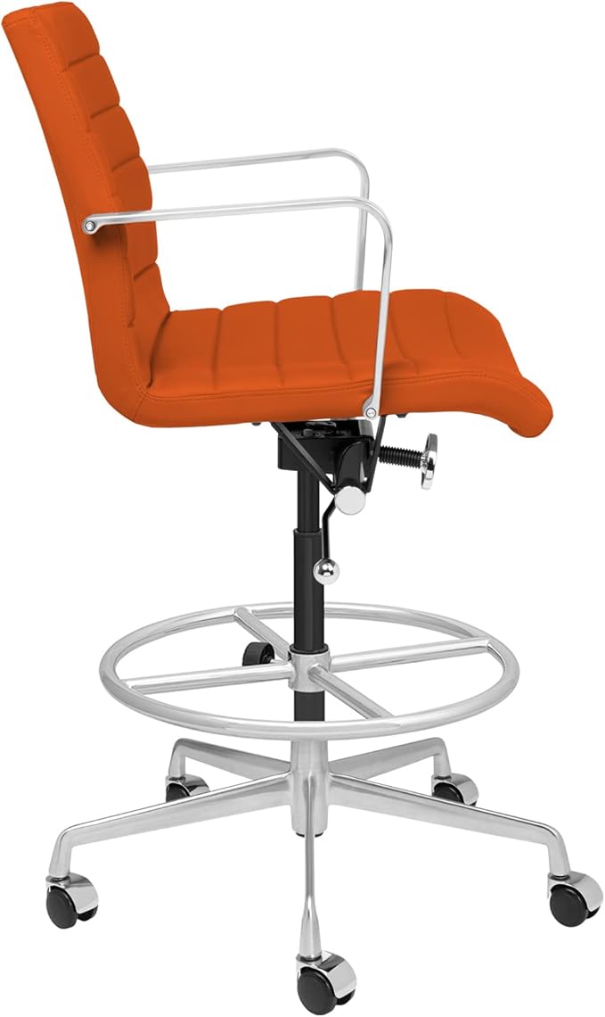 Laura Davidson Furniture SOHO II Ribbed Drafting Chair for Standing Desks, Standing Desk Chair - Ergonomically Designed, Commercial Grade Draft Height, Arm Rest & Cushion, Made of Faux Leather, Orange-DeskLoop Office