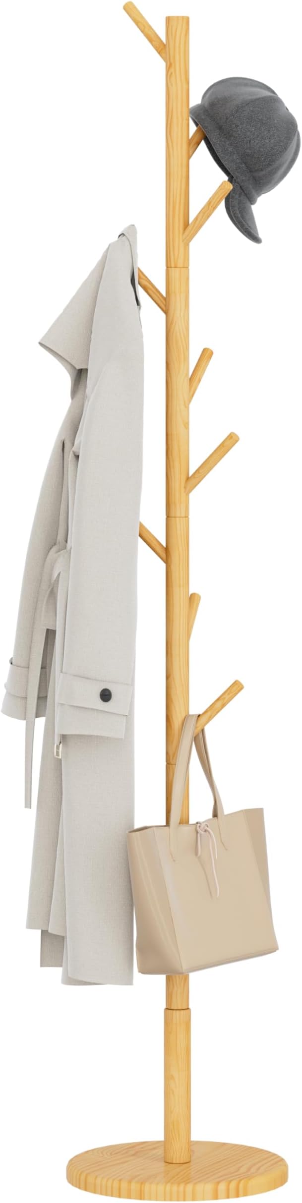 Wooden Coat Rack Freestanding with Round Base, Adjustable 4 Heights Sturdy Coat Hanger Stand 9 Hooks for Hanging Bags, Hats, Save Space Coat Tree for Narrow Place, Entryway, Bedroom, Office (Natural)-DeskLoop Office