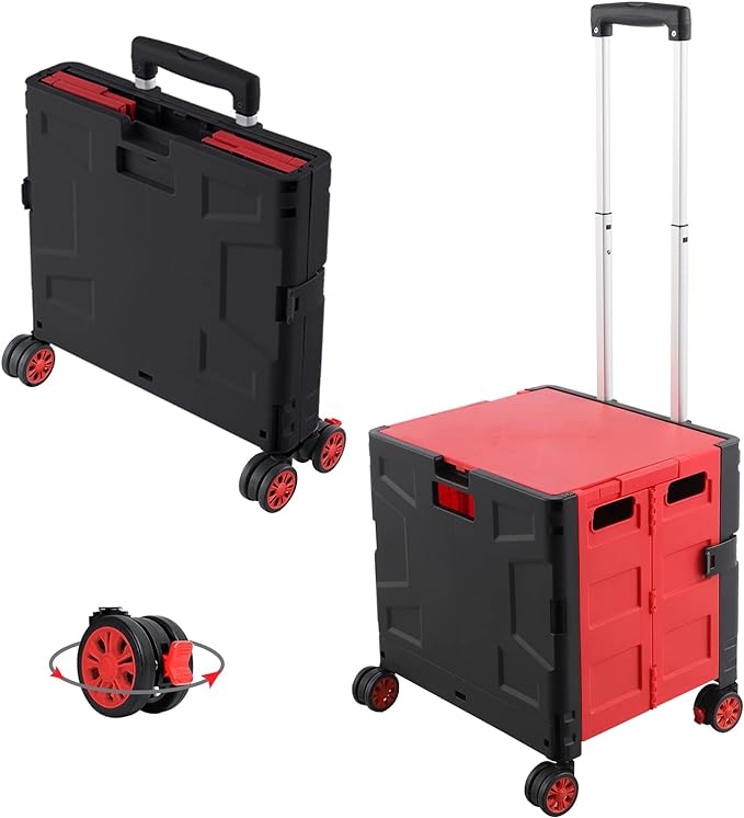 FELICON Folding Utility Cart Rolling Crate Handcart Basket Tote-Red+Black | by FELICON