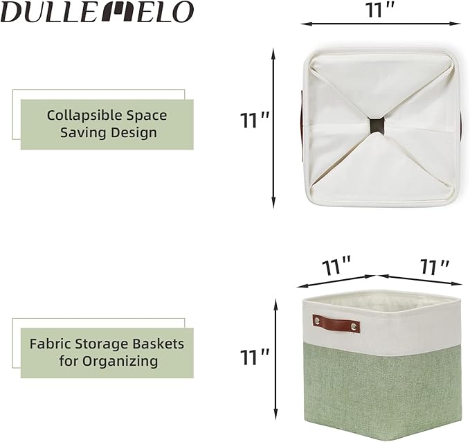 DULLEMELO Storage Baskets for Organizing, Fabric Storage Cubes for Dog Toy Box, 11 Inch Decorative Cube Storage Bins with handle for Baby Gift Basket(4 Pack - 11" White&Green)-DeskLoop Office