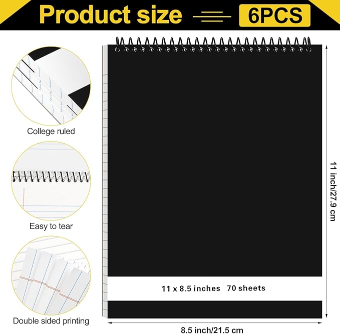 6 Pcs Legal Pad Top Spiral Bound Notebook 70 Sheets Wirebound Notepad Double Sided Ruled Memo Steno Book with Stiff Back Cover for Business(8.5 x 11 Inches,No Holes,White)-DeskLoop Office
