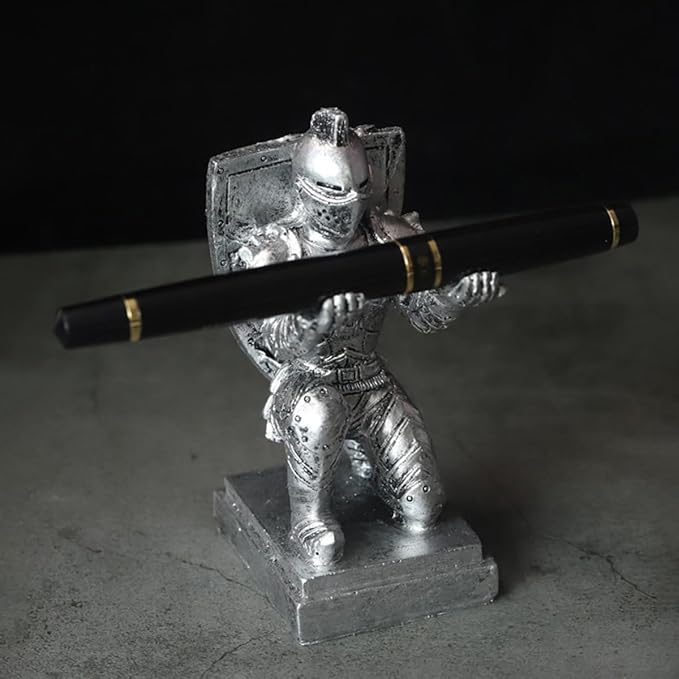 Resin Soldier Shield Knight Decor Statue Pen Holder Base for Desk, Desktop Organizer Pencil Stand Display for Office, School, Home, as Gift for Men Father-DeskLoop Office